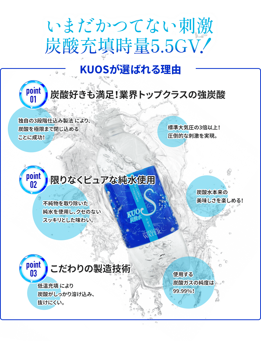 業界トップクラスの強炭酸、ピュアな純水使用、こだわりの製造技術